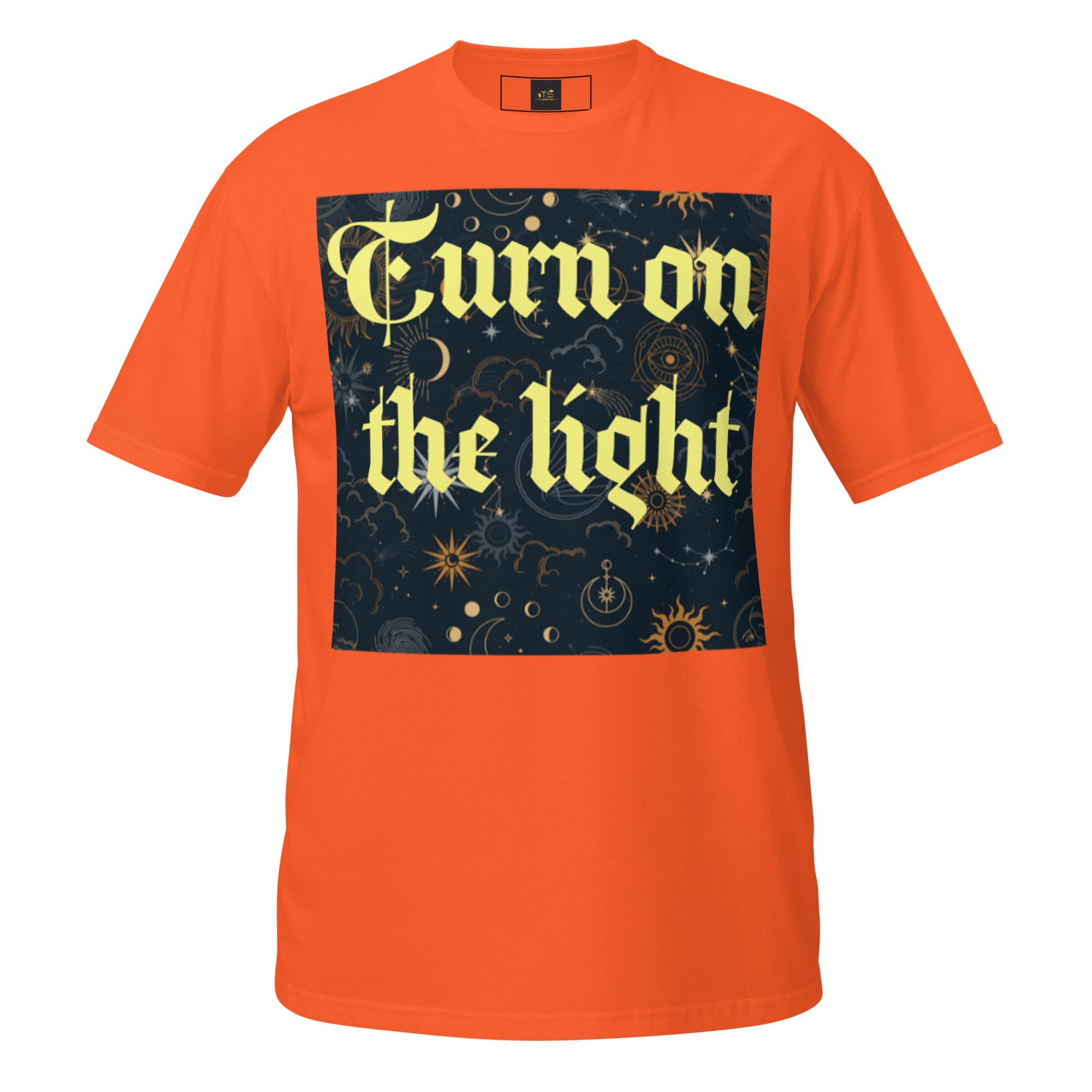 Orange tee with gothic "Turn on the light