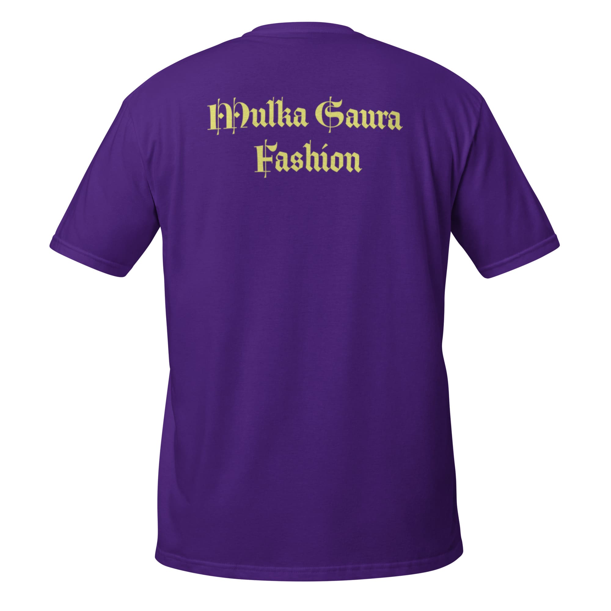 Purple T-shirt back with gold lettering