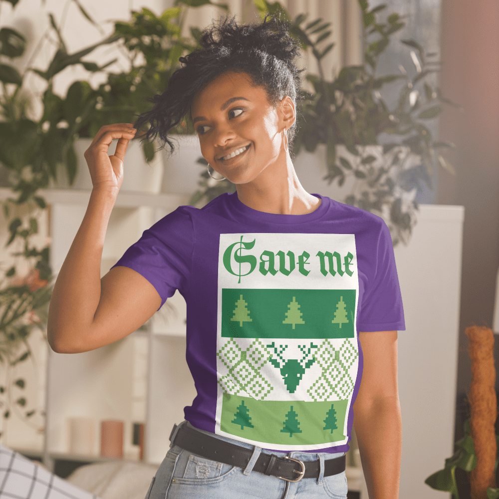 Smiling woman wearing purple Save me graphic tee