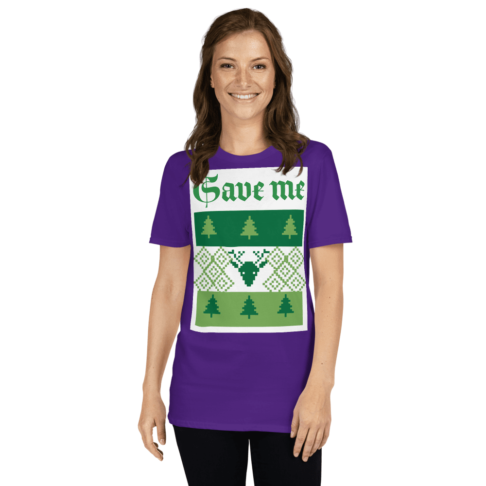 Smiling woman in purple "Save Me" holiday shirt
