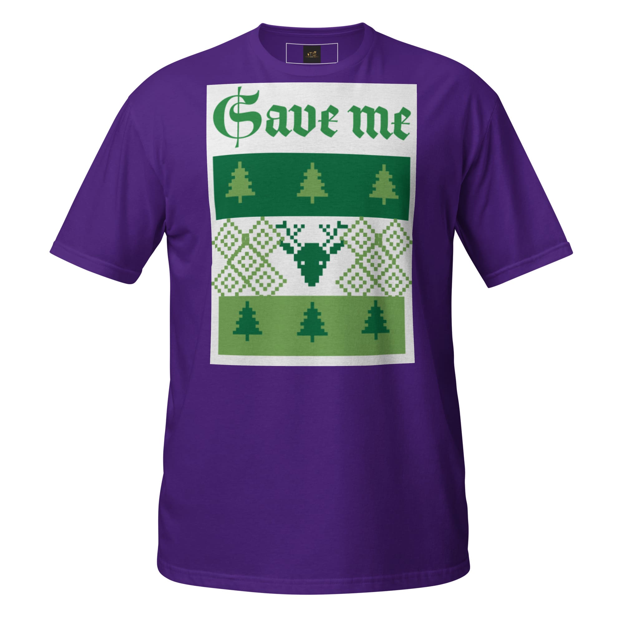 Purple T-shirt featuring 'Save me' holiday sweater design