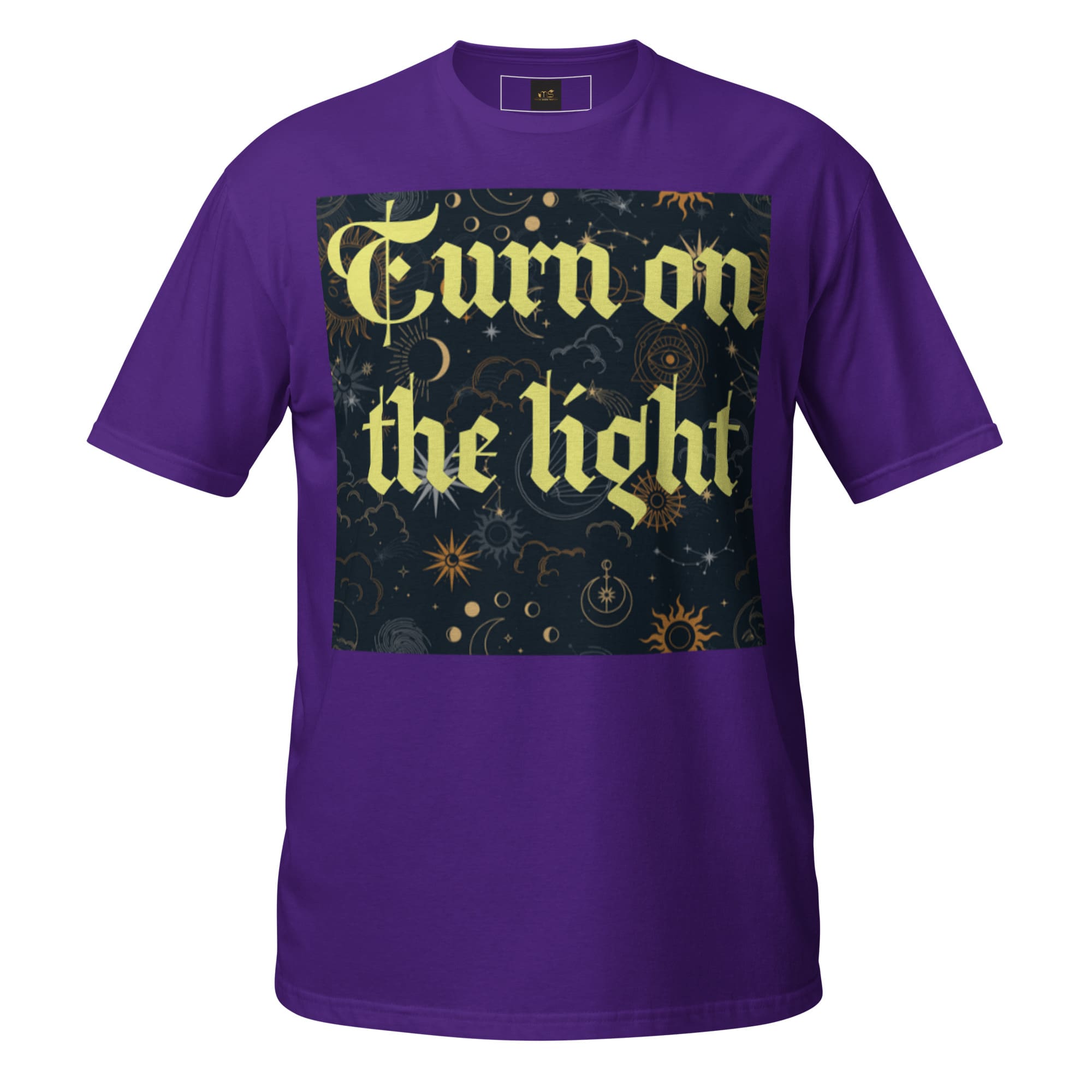 Purple t-shirt with "Turn on the light" graphic