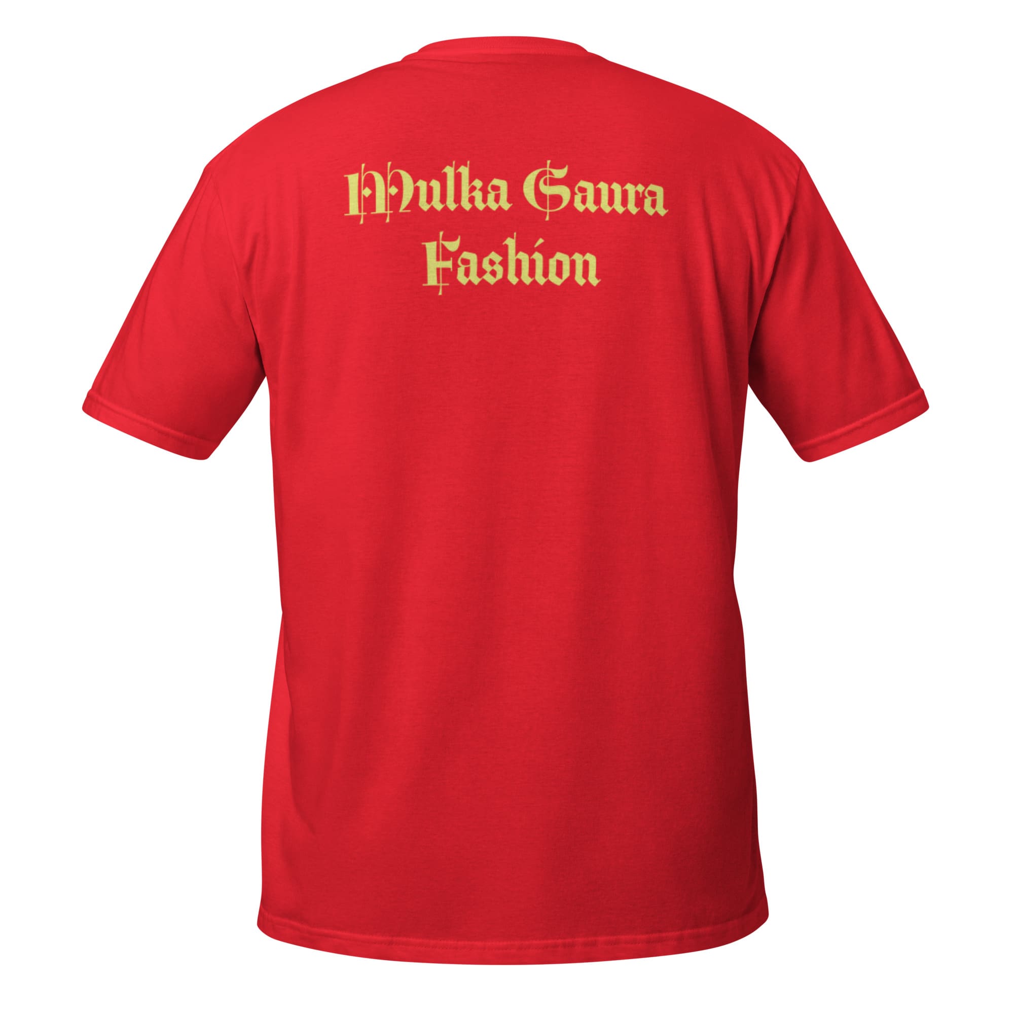 Back of red T-shirt with Mhulka Gaura Fashion