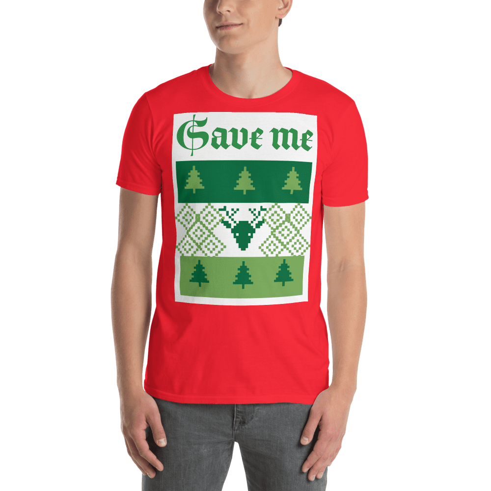 Red T-shirt with "Save me" holiday graphic