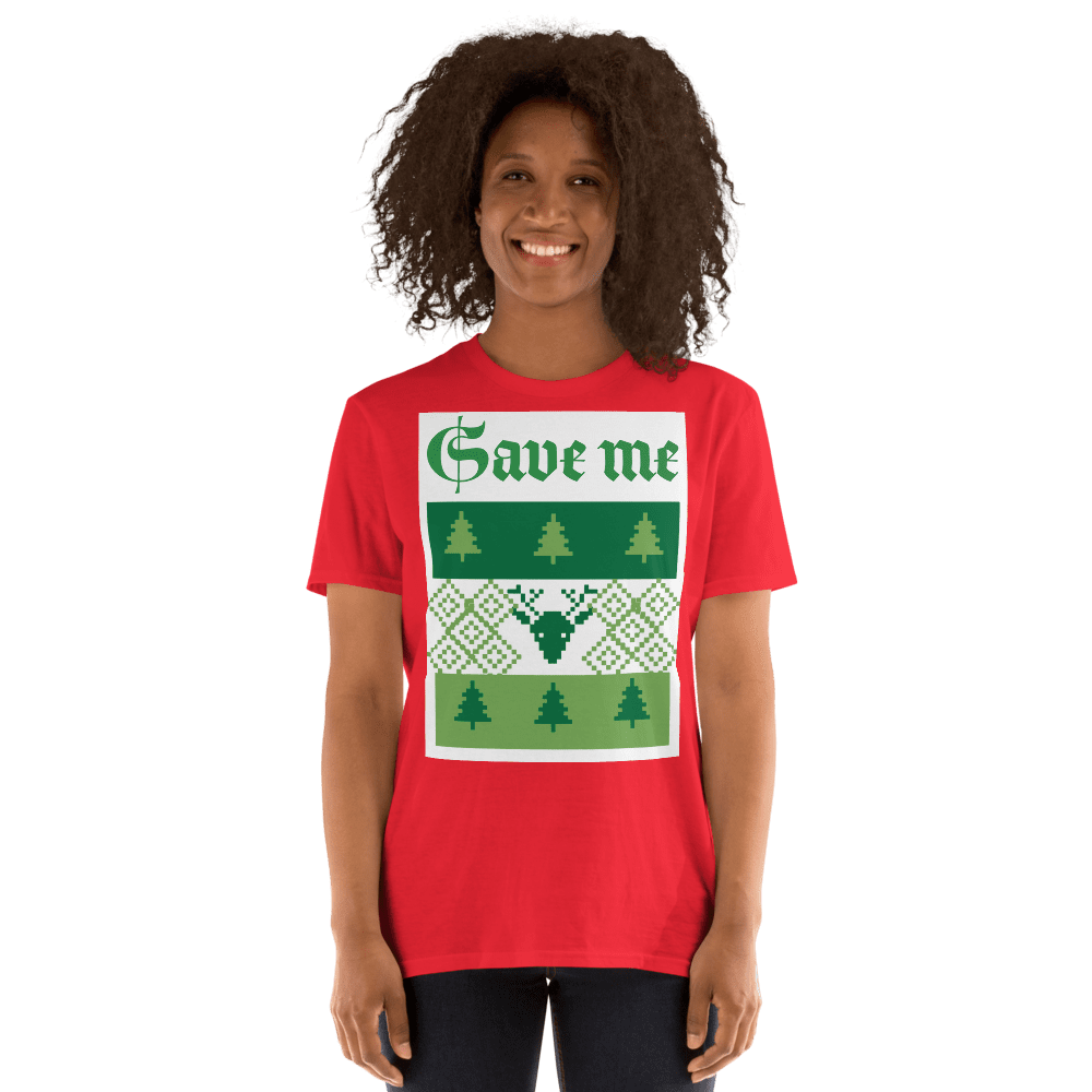 Smiling woman in Save Me Christmas reindeer tee