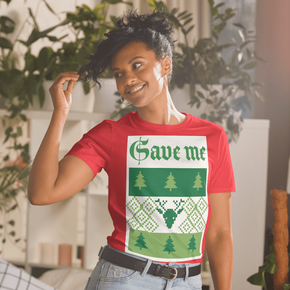 Smiling woman wearing red "Save me" Christmas tee