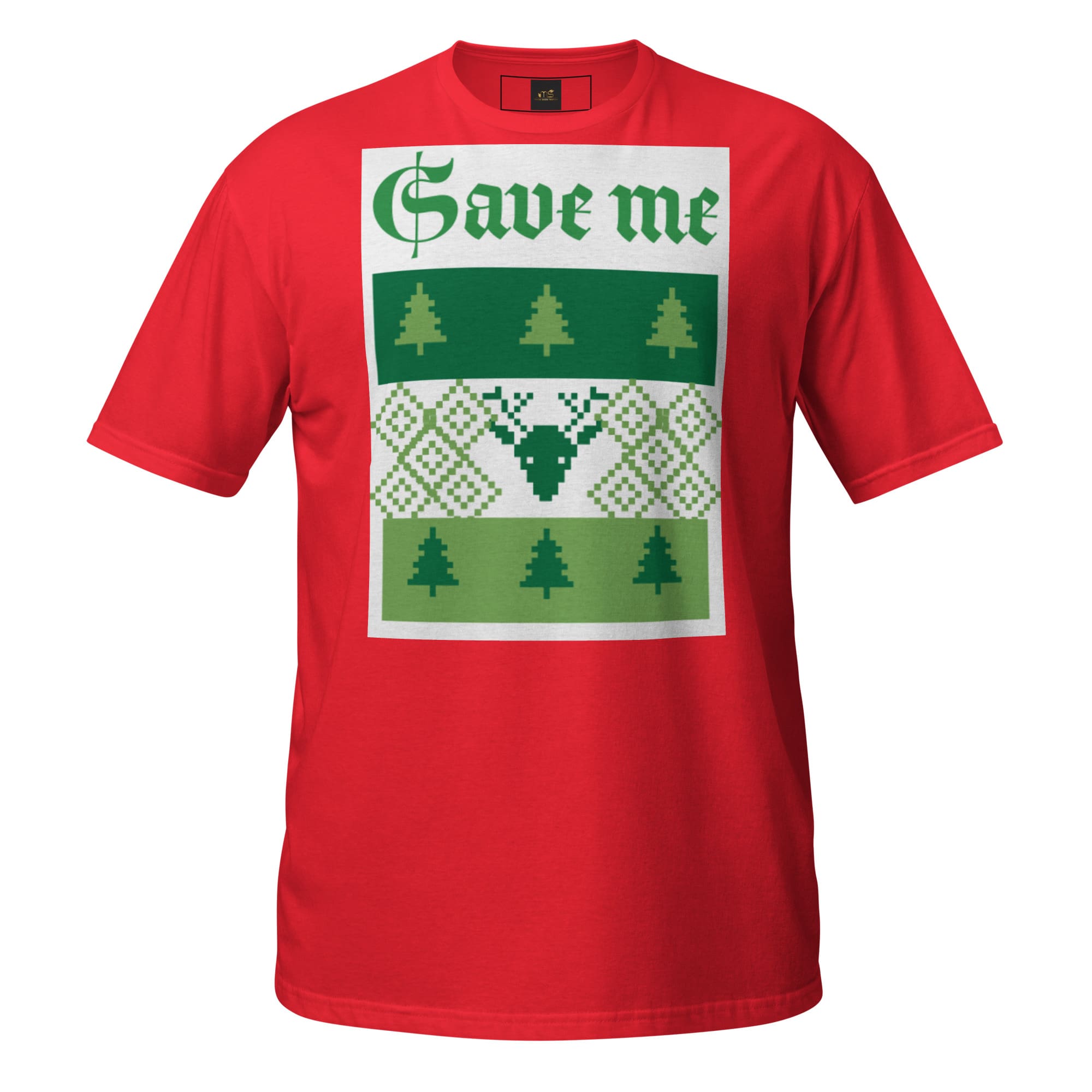 Red t-shirt with "Save me" Christmas motif