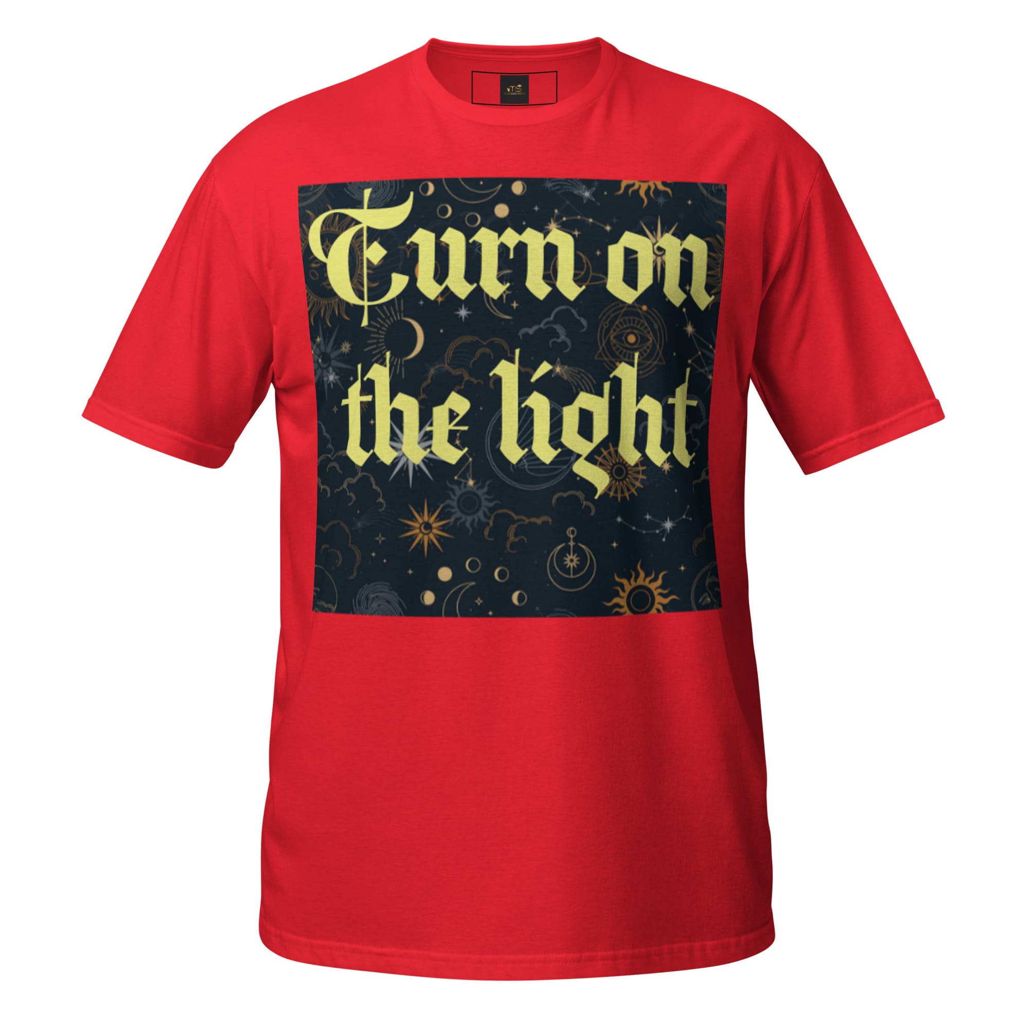 Red t-shirt with "Turn on the light" print