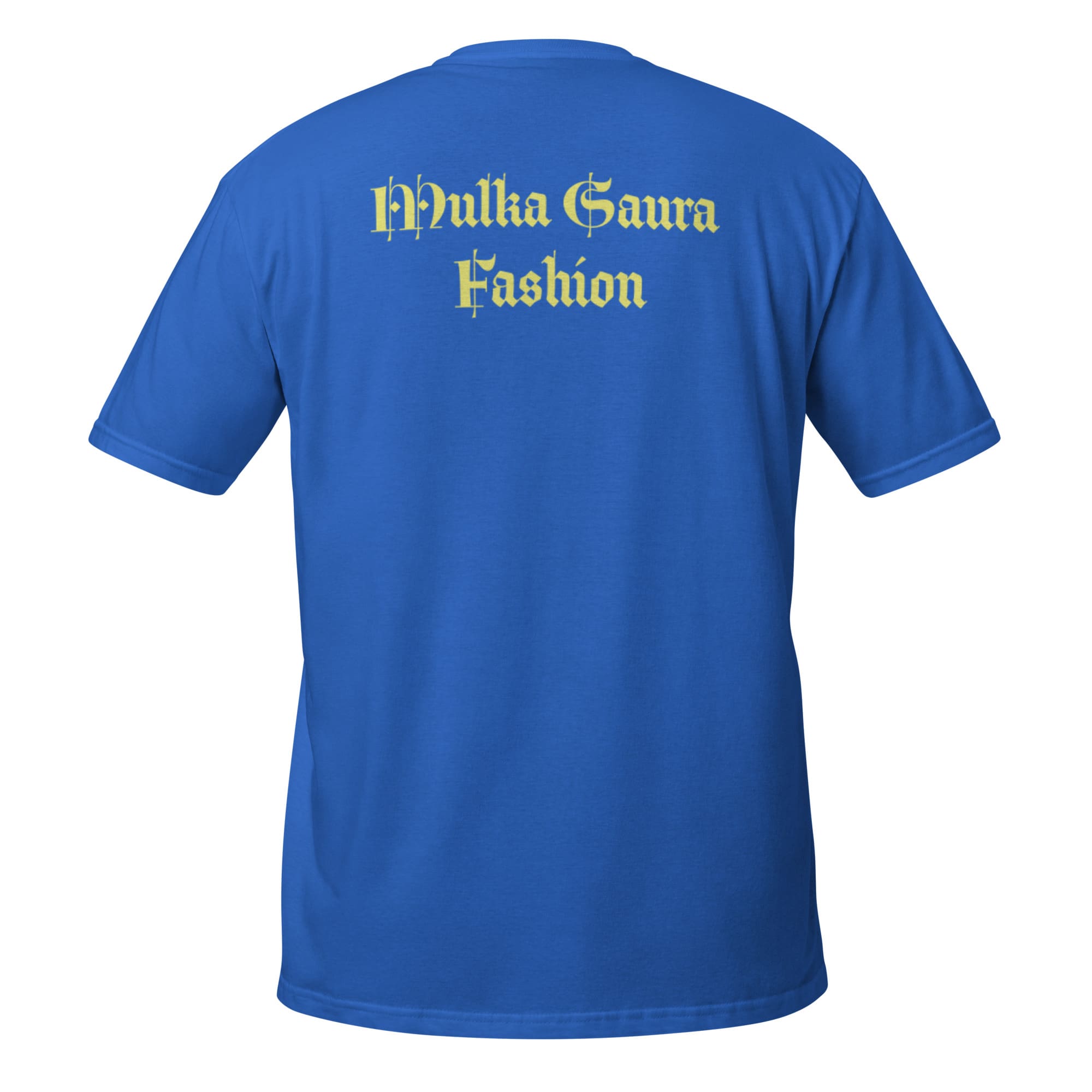 Blue T-shirt with yellow Mhulka Gawra text