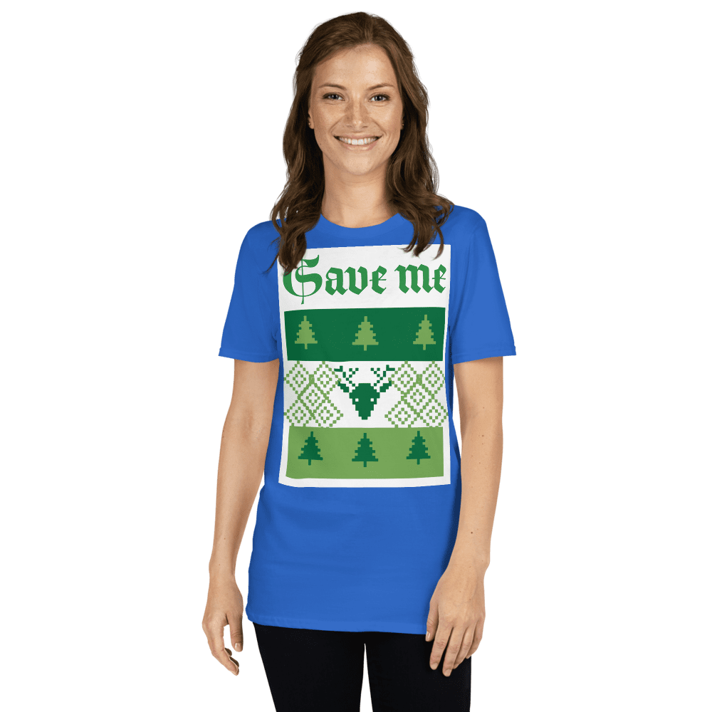 Smiling woman wearing "Save me" Christmas tee