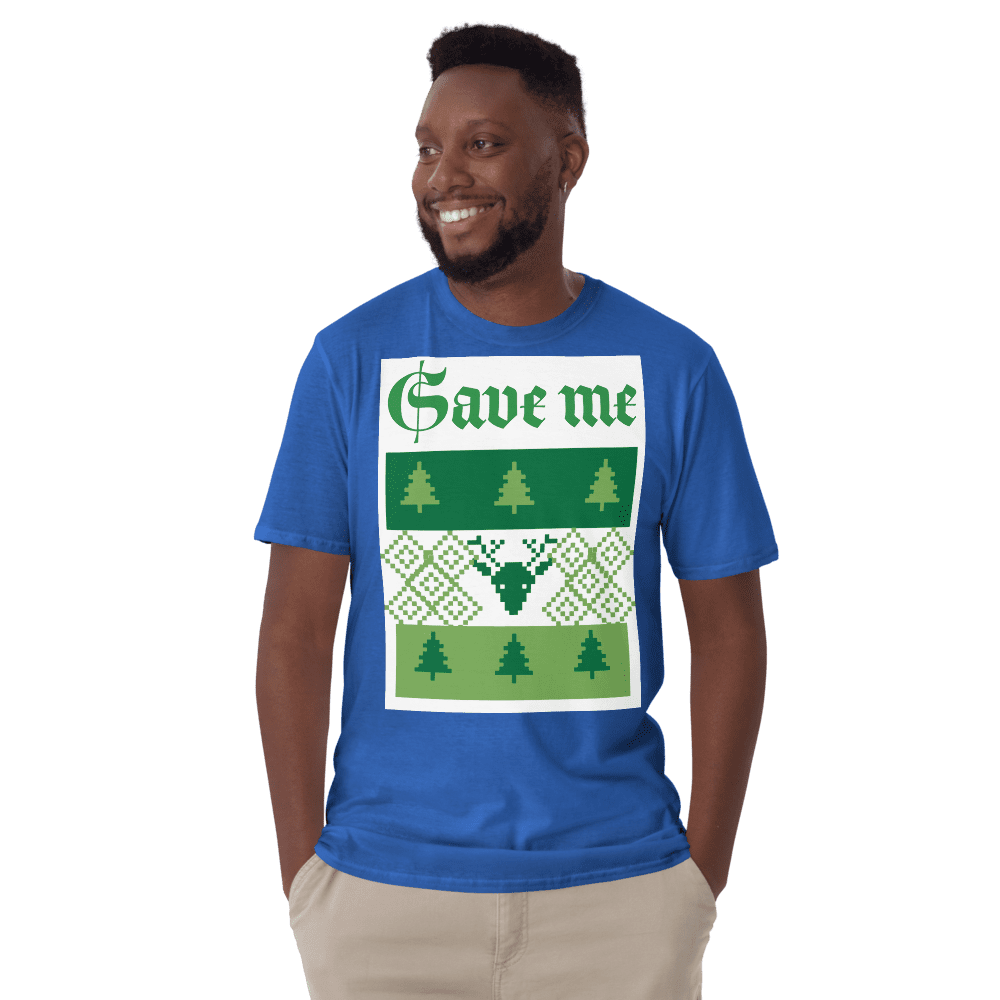 Smiling man wearing "Save me" t-shirt