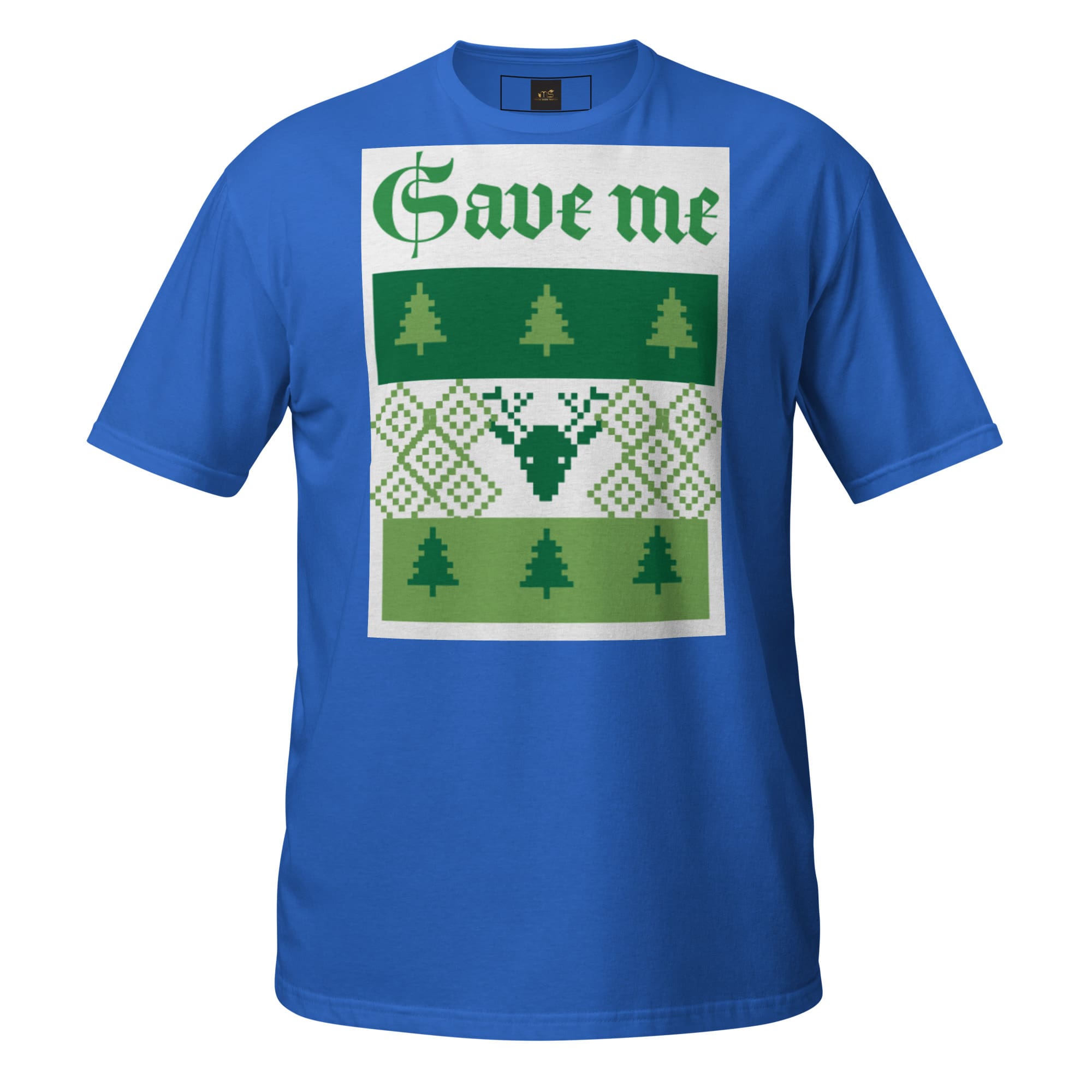 Blue T-shirt with green "Save me" sweater design