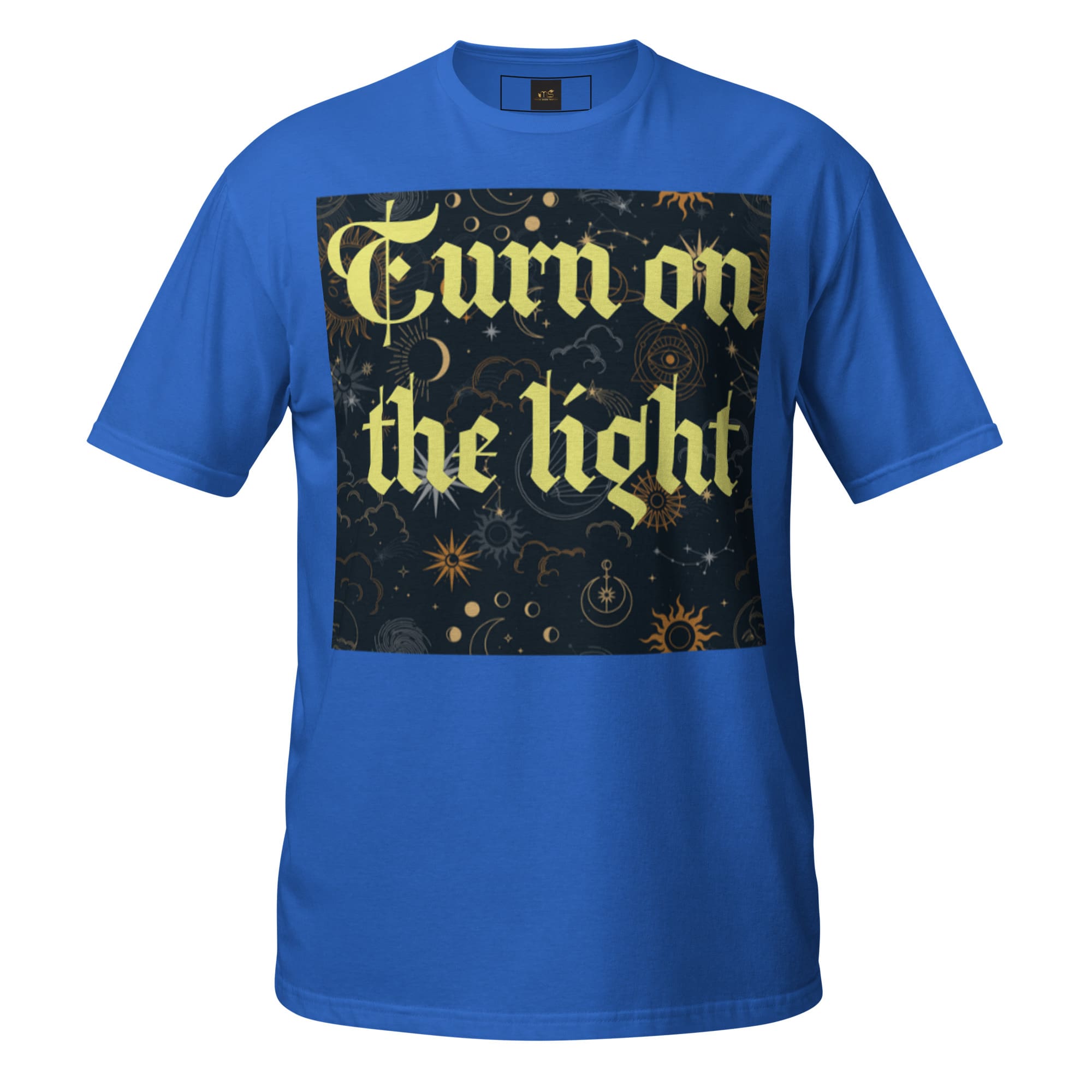 Blue T-shirt with "Turn on the light" graphic