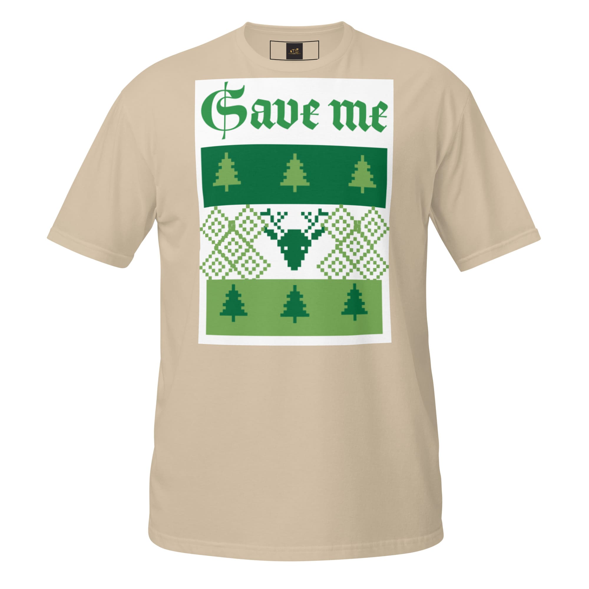 Beige t-shirt featuring green Save Me design