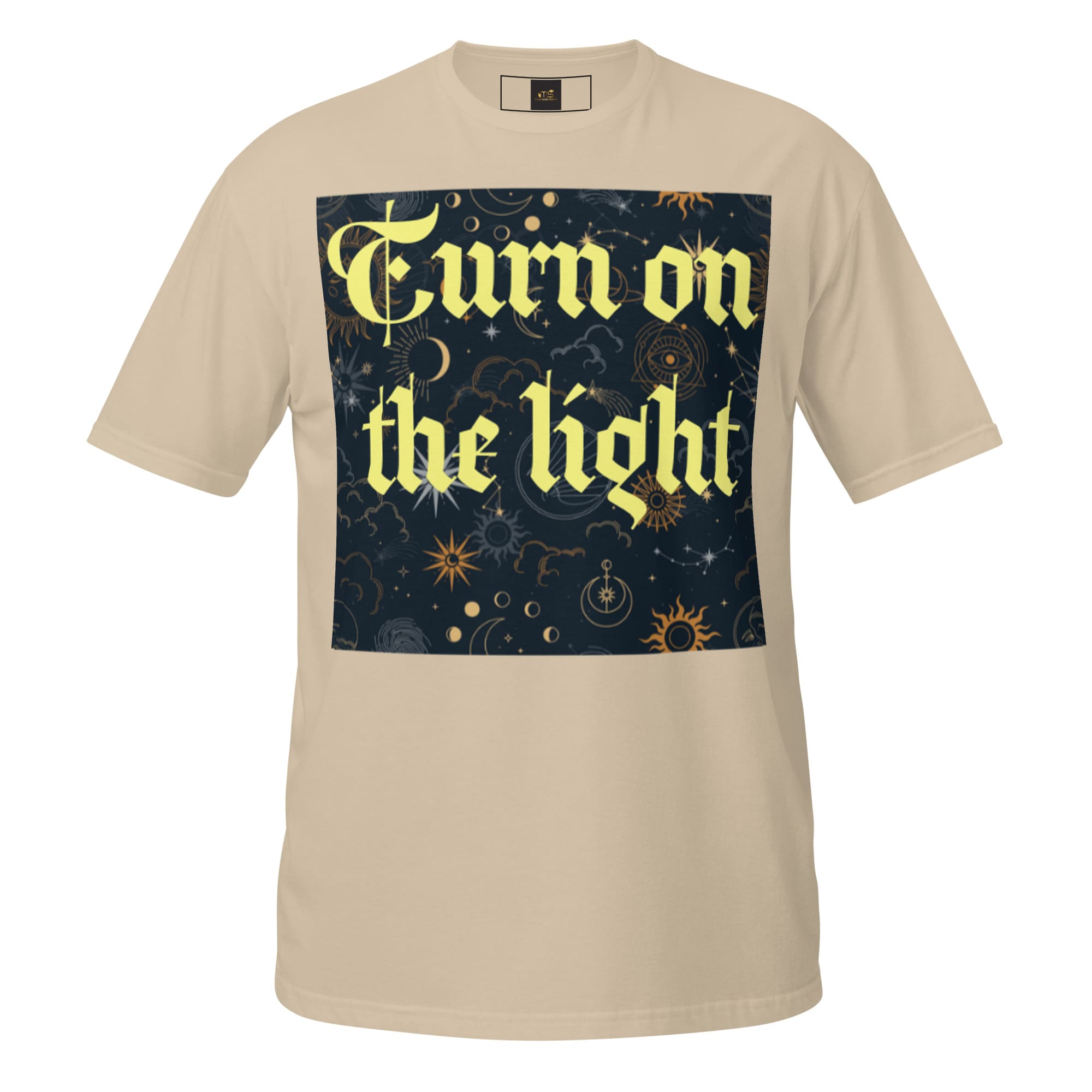 Beige t-shirt with "Turn on the light" graphic