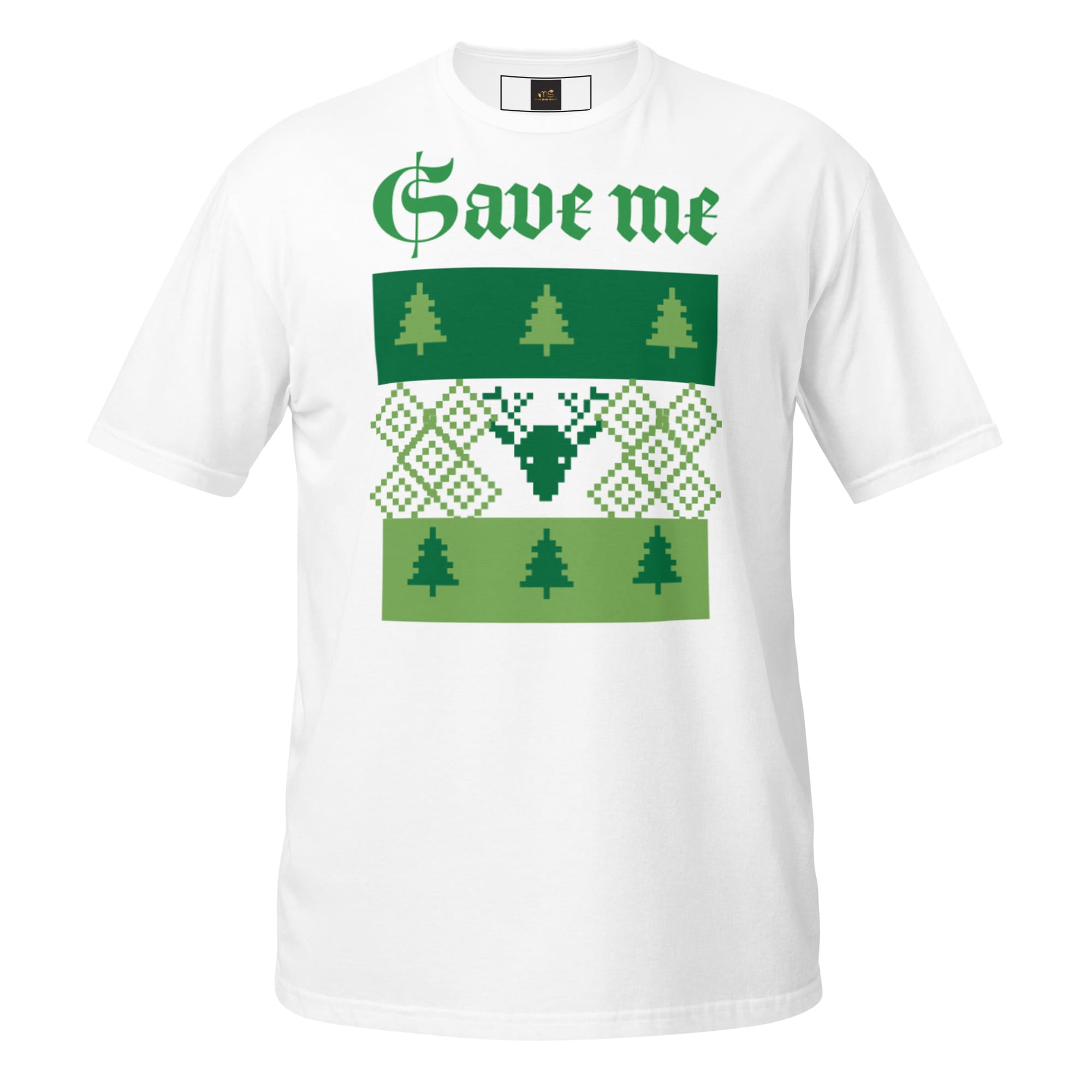 White T-shirt with green "Save me" deer design