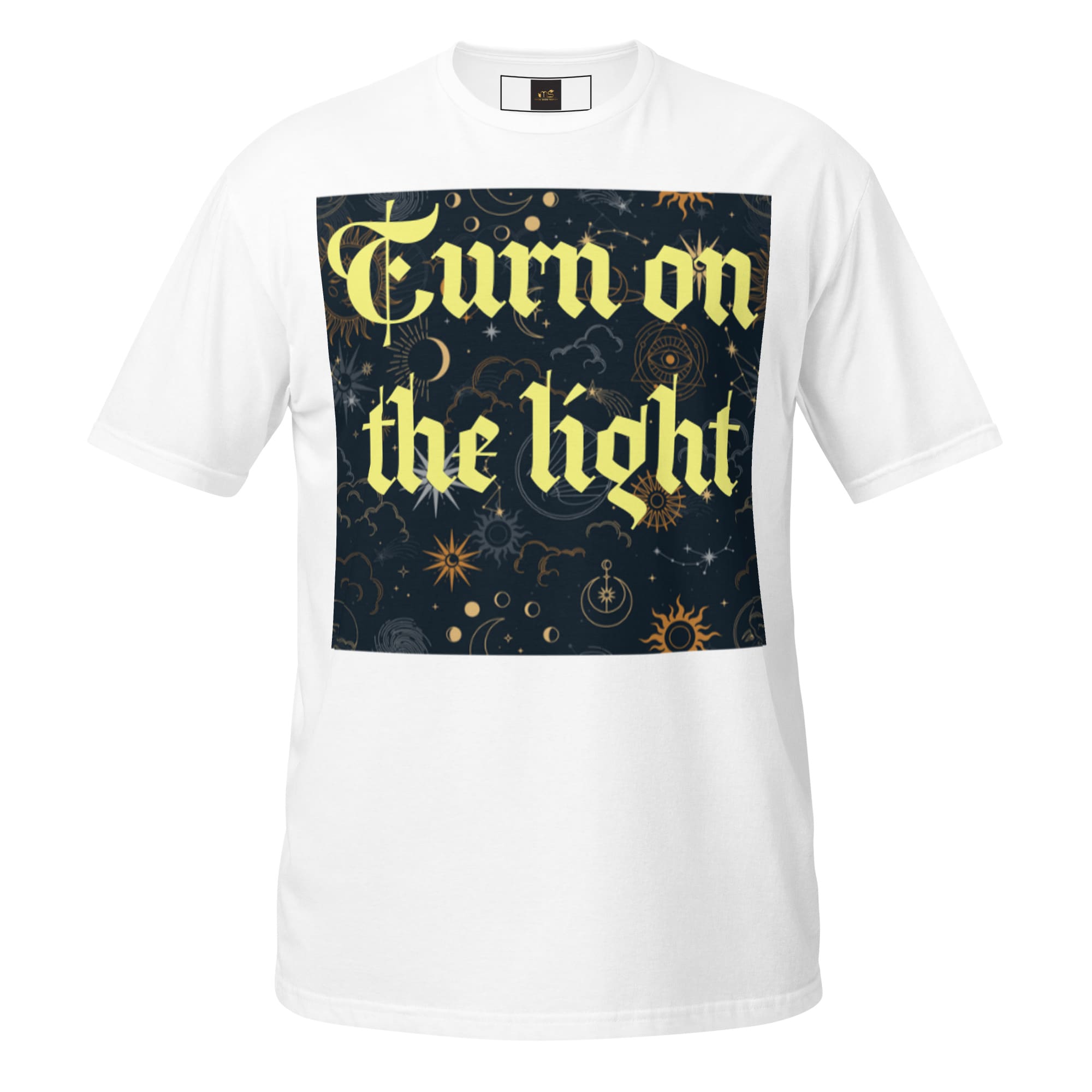 White tee with Turn on the light graphic