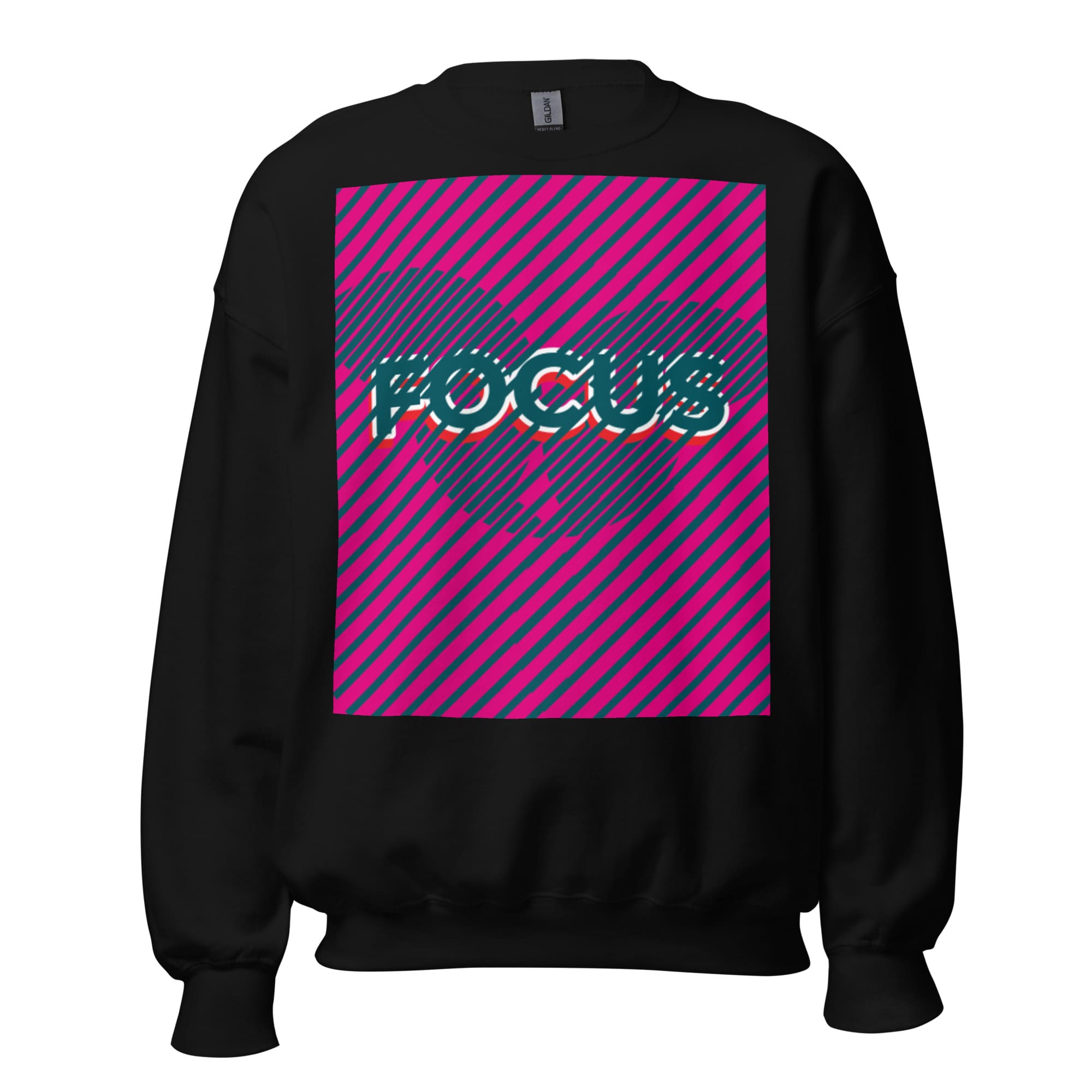 Black crewneck with pink diagonal FOCUS graphic